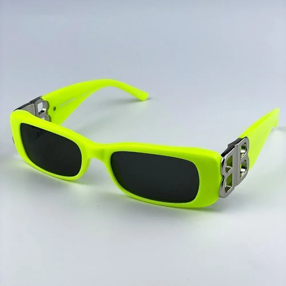 NEW Balenciaga  BB0096S 008 Yellow Silver Logo Grey Square Unisex Sungla…